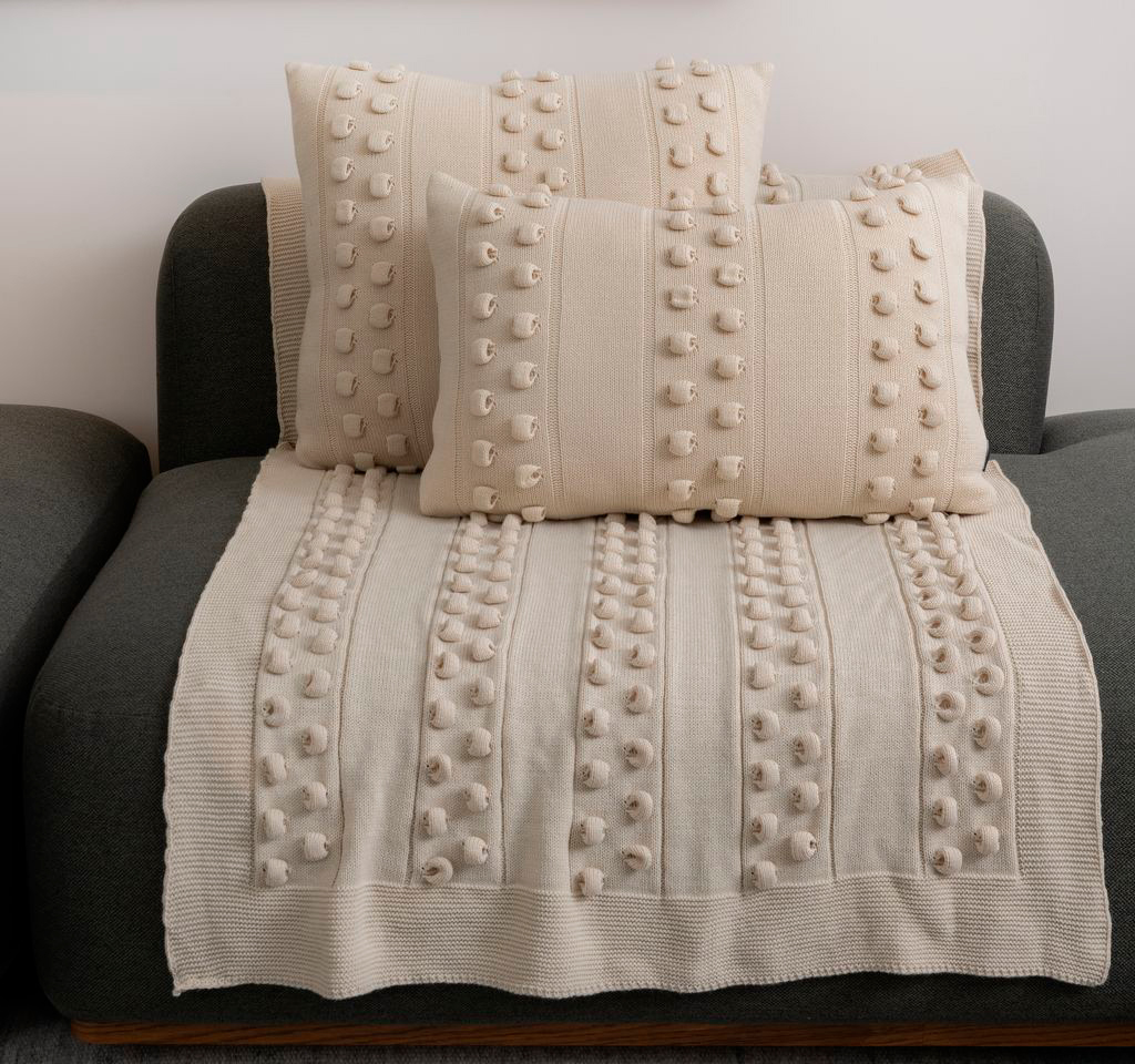 Almofadas e manta em tricô pérola