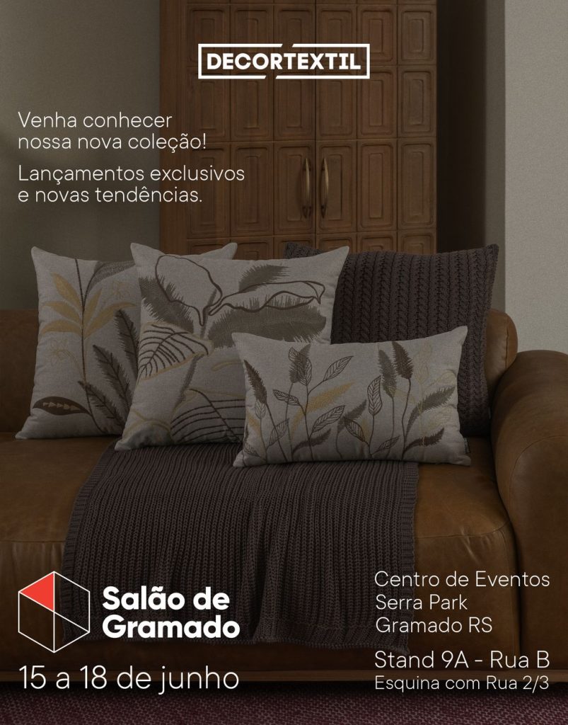 Estande da Decortextil no Salão de Gramado 2026 com novidades em almofadas e peças decorativas para lojistas do setor de decoração.